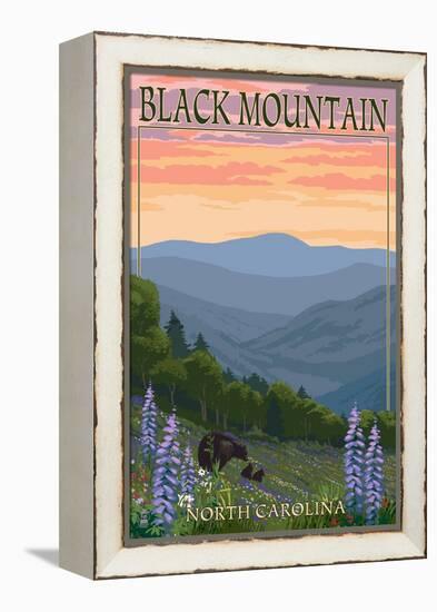 Black Mountain, North Carolina - Spring Flowers and Bear Family-Lantern Press-Framed Stretched Canvas