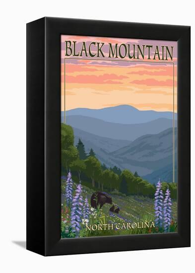 Black Mountain, North Carolina - Spring Flowers and Bear Family-Lantern Press-Framed Stretched Canvas