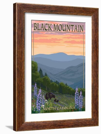 Black Mountain, North Carolina - Spring Flowers and Bear Family-Lantern Press-Framed Art Print