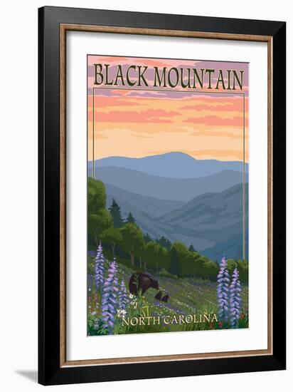 Black Mountain, North Carolina - Spring Flowers and Bear Family-Lantern Press-Framed Art Print