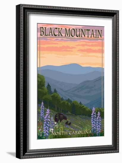 Black Mountain, North Carolina - Spring Flowers and Bear Family-Lantern Press-Framed Art Print