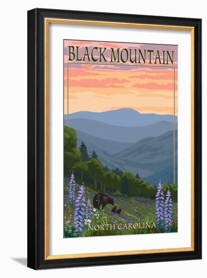 Black Mountain, North Carolina - Spring Flowers and Bear Family-Lantern Press-Framed Art Print