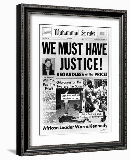 Black Muslim Newspaper, 'Muhammad Speaks', Emphasizes African Americans Abuse, Jun 21, 1963-null-Framed Photo