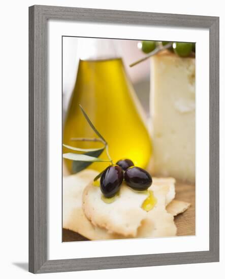 Black Olives, Crackers, Olive Oil and Parmesan-null-Framed Photographic Print