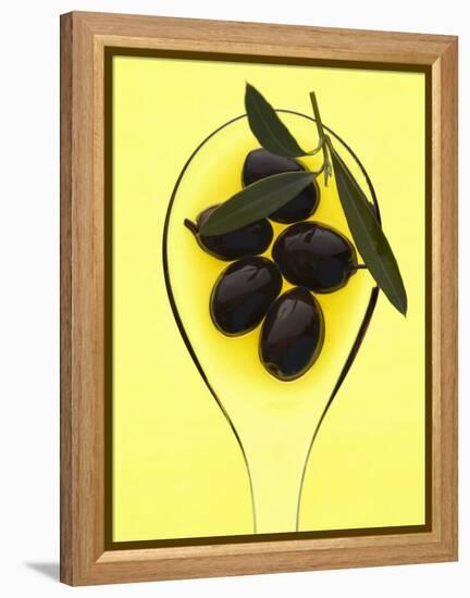 Black Olives in Olive Oil with Sprig of Olive Leaves-Marc O^ Finley-Framed Premier Image Canvas