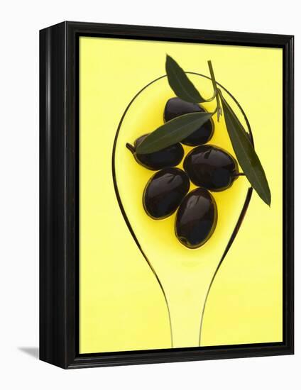 Black Olives in Olive Oil with Sprig of Olive Leaves-Marc O^ Finley-Framed Premier Image Canvas