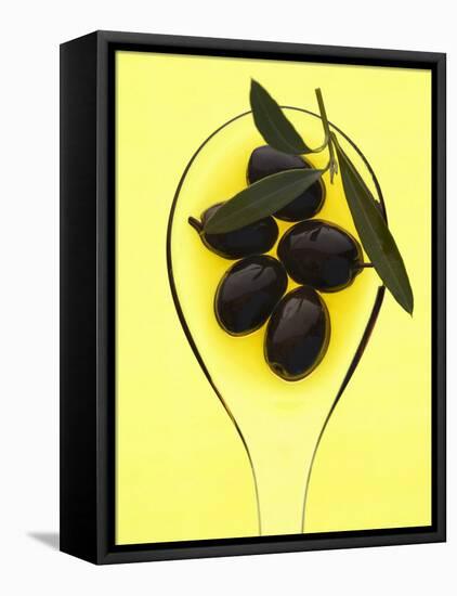 Black Olives in Olive Oil with Sprig of Olive Leaves-Marc O^ Finley-Framed Premier Image Canvas