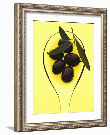 Black Olives in Olive Oil with Sprig of Olive Leaves-Marc O^ Finley-Framed Photographic Print