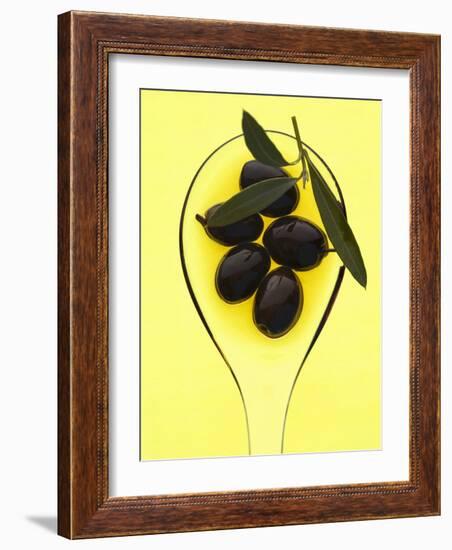 Black Olives in Olive Oil with Sprig of Olive Leaves-Marc O^ Finley-Framed Photographic Print