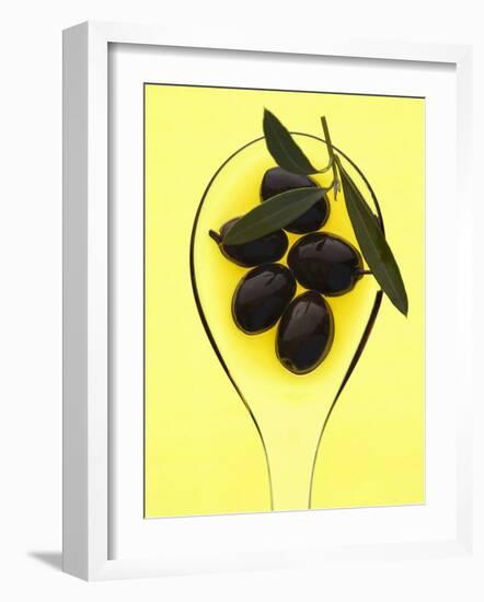 Black Olives in Olive Oil with Sprig of Olive Leaves-Marc O^ Finley-Framed Photographic Print