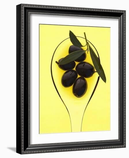 Black Olives in Olive Oil with Sprig of Olive Leaves-Marc O^ Finley-Framed Photographic Print