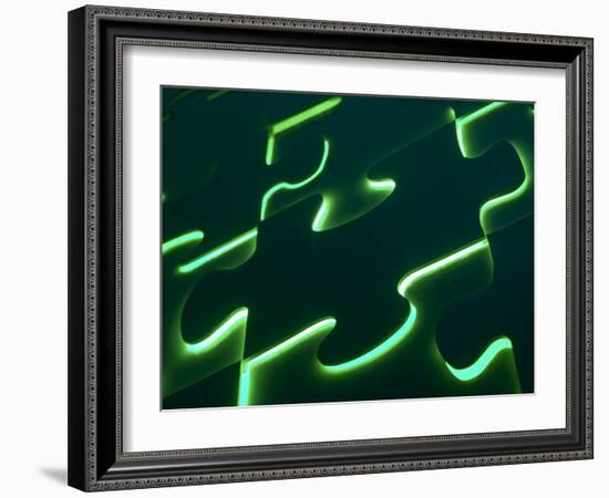 Black Puzzle with Green Light Shining Through the Cracks-null-Framed Photographic Print