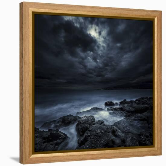 Black Rocks Protruding Through Rough Seas with Stormy Clouds, Crete, Greece-null-Framed Premier Image Canvas