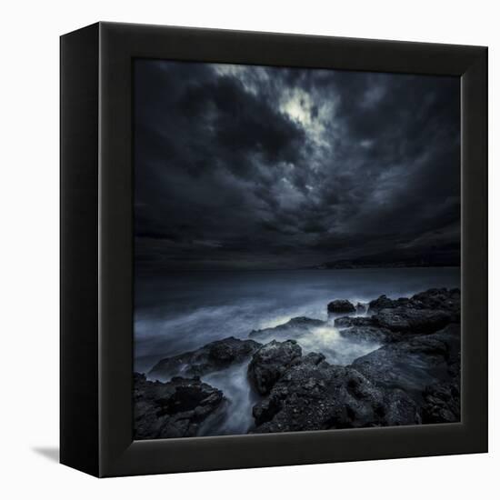 Black Rocks Protruding Through Rough Seas with Stormy Clouds, Crete, Greece-null-Framed Premier Image Canvas