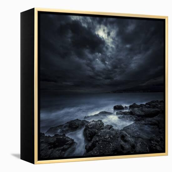 Black Rocks Protruding Through Rough Seas with Stormy Clouds, Crete, Greece-null-Framed Premier Image Canvas