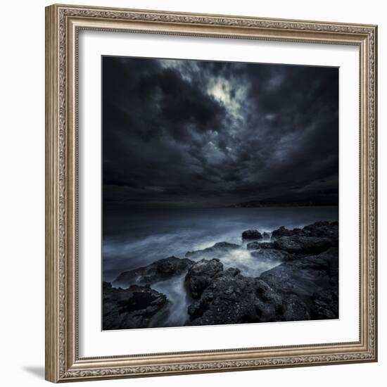 Black Rocks Protruding Through Rough Seas with Stormy Clouds, Crete, Greece-null-Framed Photographic Print