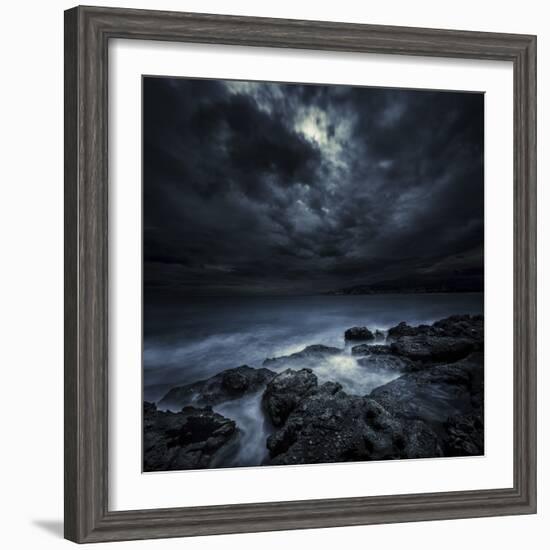 Black Rocks Protruding Through Rough Seas with Stormy Clouds, Crete, Greece-null-Framed Photographic Print