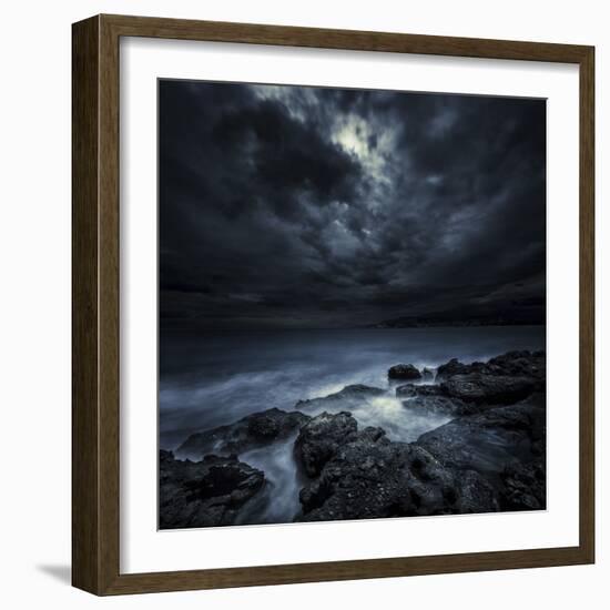 Black Rocks Protruding Through Rough Seas with Stormy Clouds, Crete, Greece-null-Framed Photographic Print