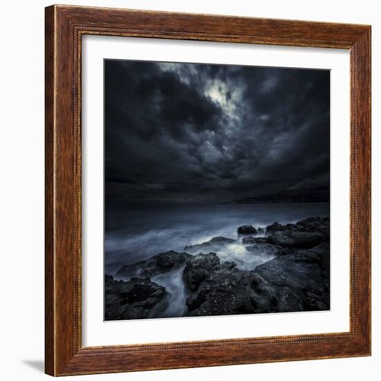 Black Rocks Protruding Through Rough Seas with Stormy Clouds, Crete, Greece-null-Framed Photographic Print