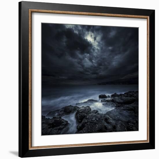 Black Rocks Protruding Through Rough Seas with Stormy Clouds, Crete, Greece-null-Framed Photographic Print