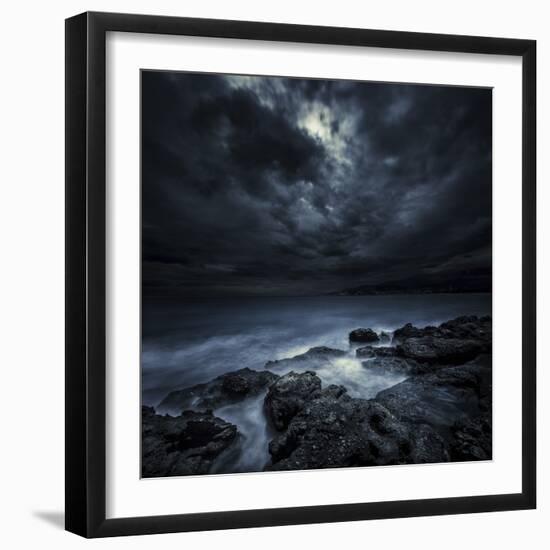 Black Rocks Protruding Through Rough Seas with Stormy Clouds, Crete, Greece-null-Framed Photographic Print