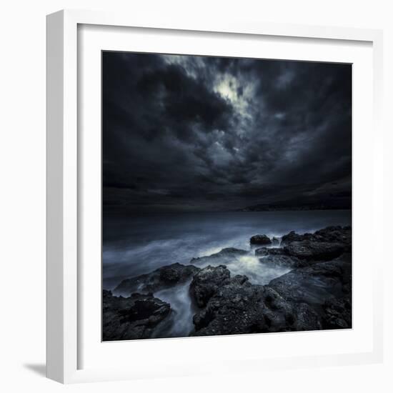 Black Rocks Protruding Through Rough Seas with Stormy Clouds, Crete, Greece-null-Framed Photographic Print