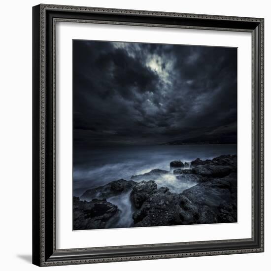 Black Rocks Protruding Through Rough Seas with Stormy Clouds, Crete, Greece-null-Framed Photographic Print