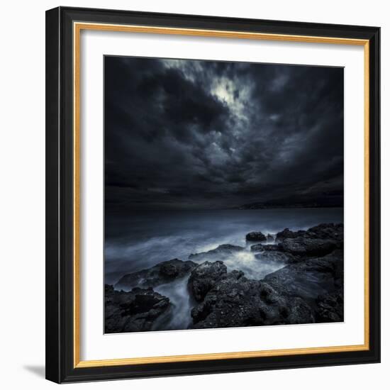 Black Rocks Protruding Through Rough Seas with Stormy Clouds, Crete, Greece-null-Framed Photographic Print