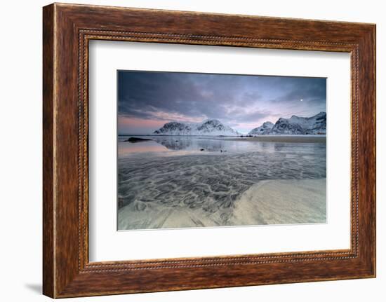 Black Sand and Full Moon as Surreal Scenery at Skagsanden Beach, Flakstad, Nordland County-Roberto Moiola-Framed Photographic Print