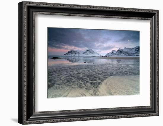 Black Sand and Full Moon as Surreal Scenery at Skagsanden Beach, Flakstad, Nordland County-Roberto Moiola-Framed Photographic Print