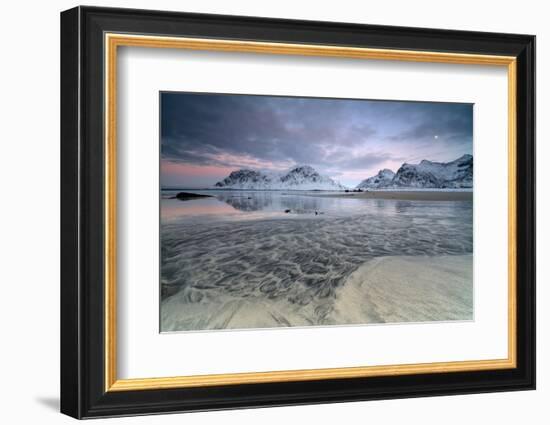 Black Sand and Full Moon as Surreal Scenery at Skagsanden Beach, Flakstad, Nordland County-Roberto Moiola-Framed Photographic Print