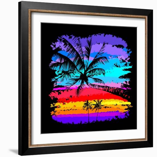 Black Silhouettes of Palm Trees on a Background of Multicolored Tropical Sunset-yulianas-Framed Art Print