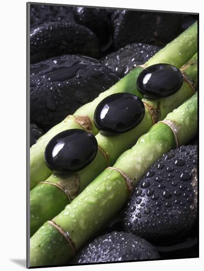 Black Stones on Bamboo-Uwe Merkel-Mounted Photographic Print