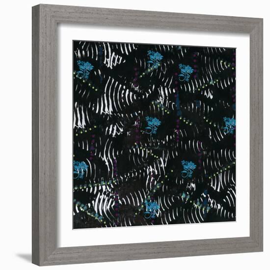 Black texture background with White Pattern and Blue floral-Bee Sturgis-Framed Art Print