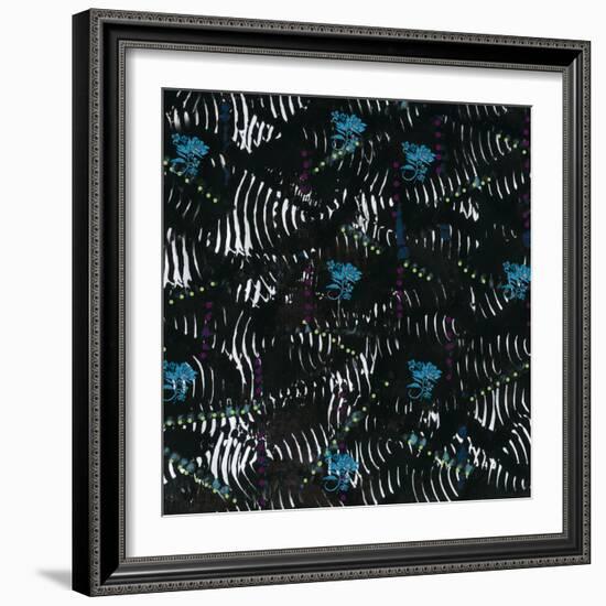 Black texture background with White Pattern and Blue floral-Bee Sturgis-Framed Art Print