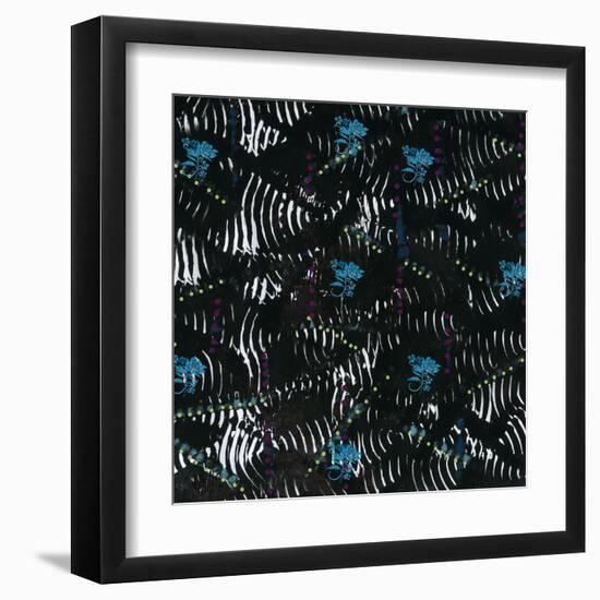 Black texture background with White Pattern and Blue floral-Bee Sturgis-Framed Art Print