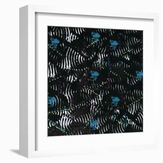 Black texture background with White Pattern and Blue floral-Bee Sturgis-Framed Art Print