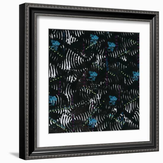 Black texture background with White Pattern and Blue floral-Bee Sturgis-Framed Art Print