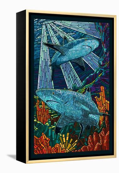 Black Tip Reef Shark - Paper Mosaic-Lantern Press-Framed Stretched Canvas