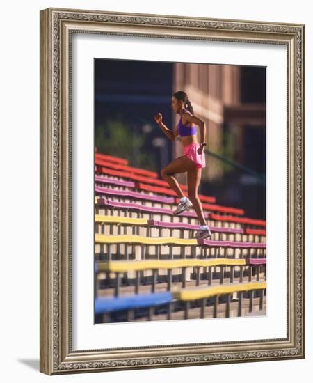 Black Woman Running Up Stairs-null-Framed Photographic Print