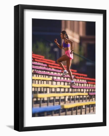 Black Woman Running Up Stairs-null-Framed Photographic Print