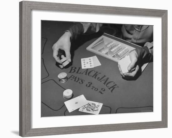 Blackjack Game in Progress at Las Vegas Club-Peter Stackpole-Framed Photographic Print