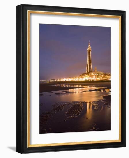 Blackpool Tower Reflected on Wet Beach at Dusk, Blackpool, Lancashire, England, United Kingdom-Martin Child-Framed Photographic Print