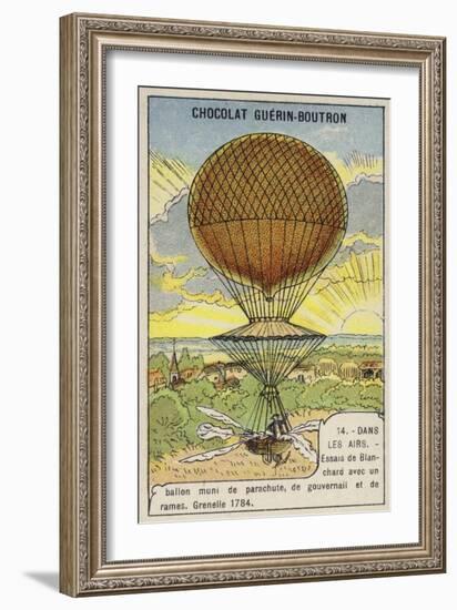 Blanchard Testing His Balloon Equipped with Parachute, Rudder and Oars, Grenelle, France, 1784-null-Framed Giclee Print