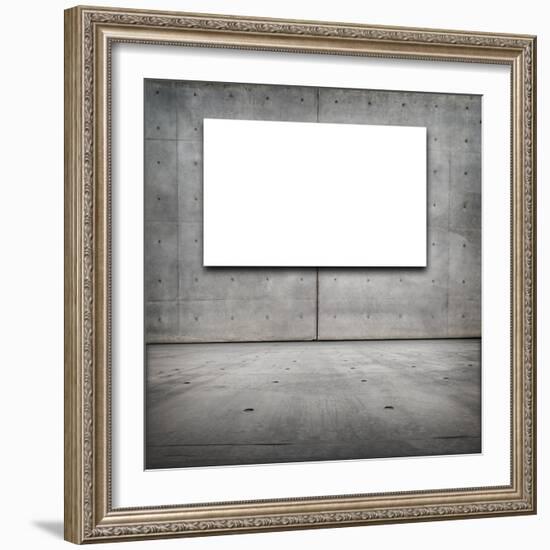 Blank White Board in a Grungy Concrete Room-landio-Framed Art Print