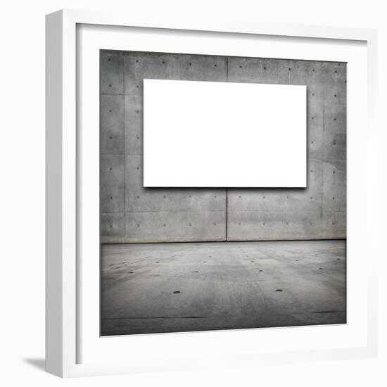 Blank White Board in a Grungy Concrete Room-landio-Framed Art Print