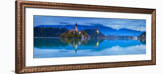 Bled Island with the Church of the Assumption and Bled Castle Illuminated at Dusk, Lake Bled-Doug Pearson-Framed Photographic Print