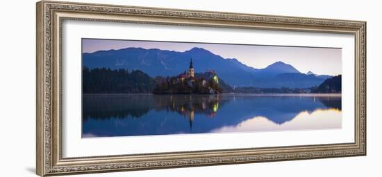 Bled Island with the Church of the Assumption and Bled Castle Illuminated at Dusk, Lake Bled-Doug Pearson-Framed Photographic Print