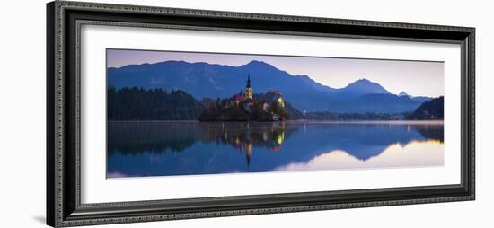 Bled Island with the Church of the Assumption and Bled Castle Illuminated at Dusk, Lake Bled-Doug Pearson-Framed Photographic Print