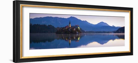 Bled Island with the Church of the Assumption and Bled Castle Illuminated at Dusk, Lake Bled-Doug Pearson-Framed Photographic Print